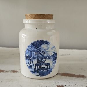 Vintage White Ceramic Apothecary Jar with Blue Transferware Scene